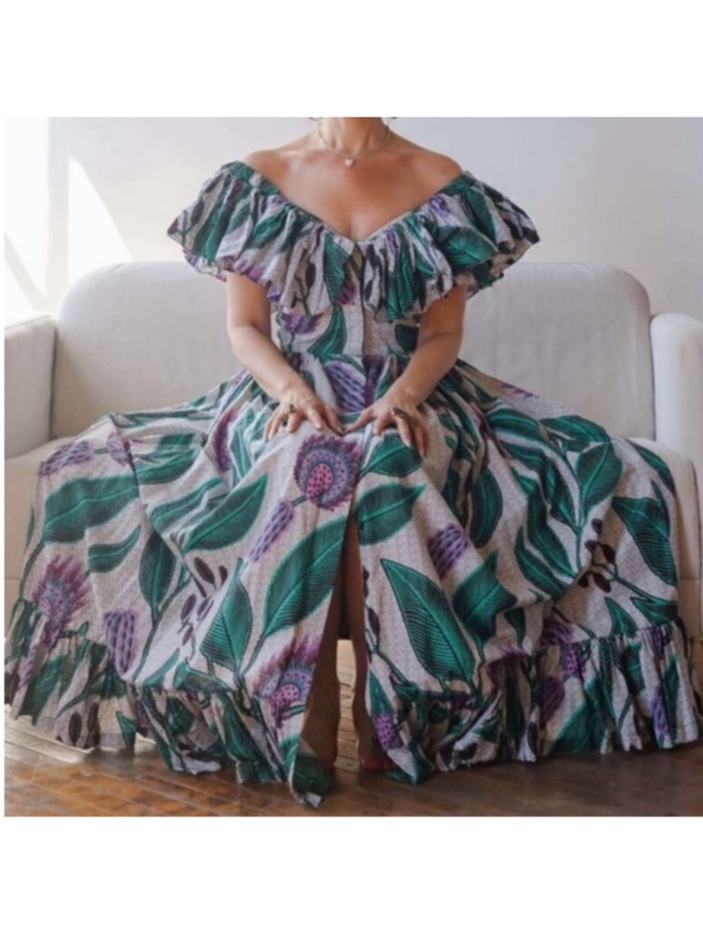 Anthropologie Off-Shoulder Maxi Dress in Green and Purple Leaf Print